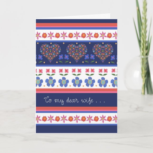 Folk Art Floral Hearts Birthday Card for Wife (Front)