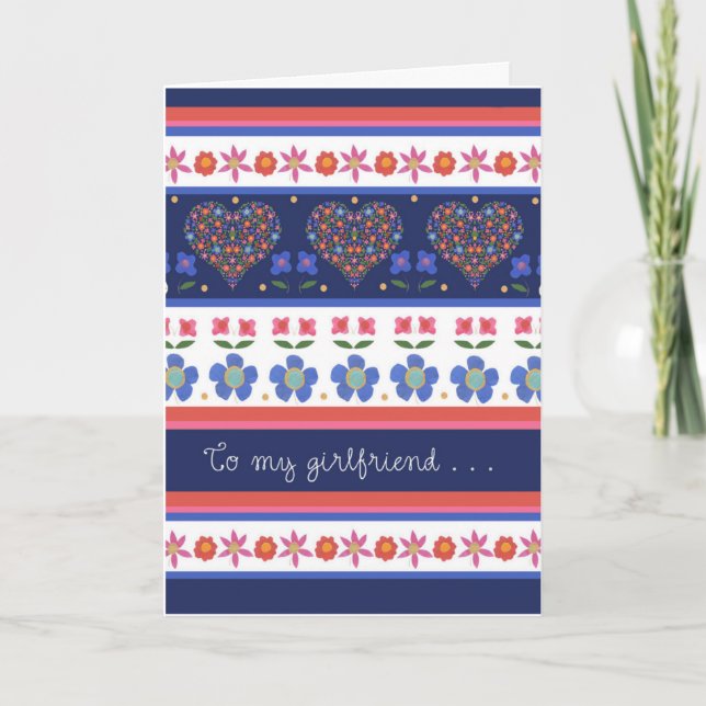 Folk Art Floral Hearts Birthday Card, Girlfriend Card (Front)