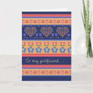 Folk Art Floral Hearts Birthday Card, Girlfriend Card