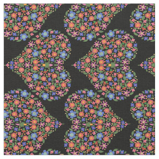 Folk Art Floral Hearts on Black Custom Fabric