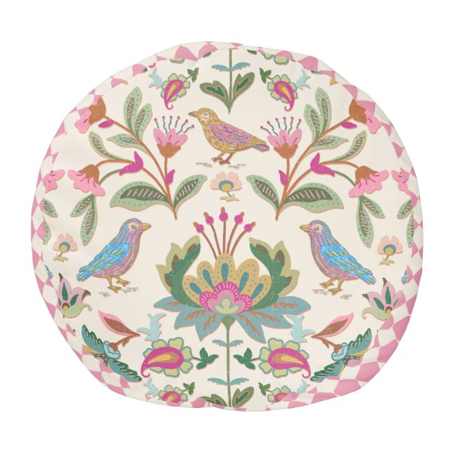 Folk Art Floral in Pastels Round Pouf (Top)