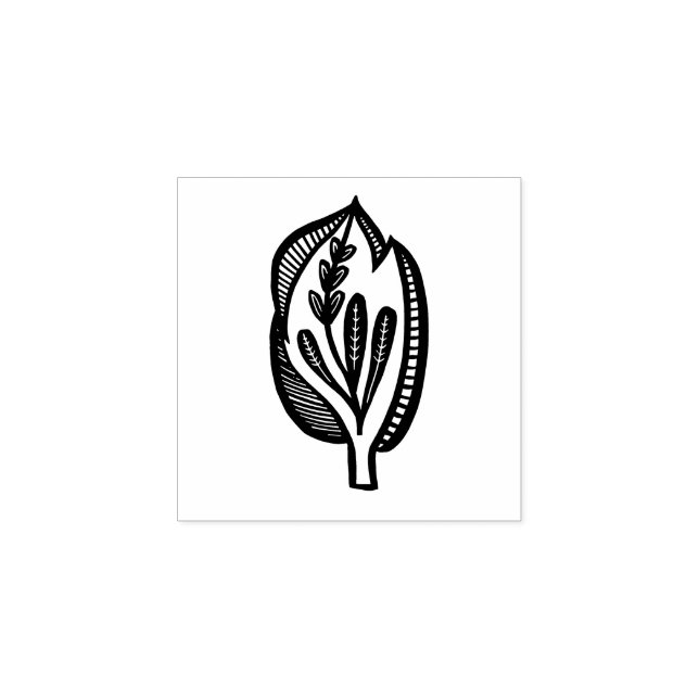 Folk Art Floral Leaf Spring Linocut Style Rubber Stamp (Imprint)