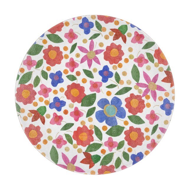 Folk Art Floral Mini-print Glass Cutting Board (Front)