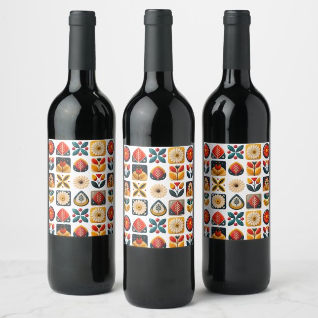 Folk Art Floral Mosaic Wine Charm Label (Bottles)