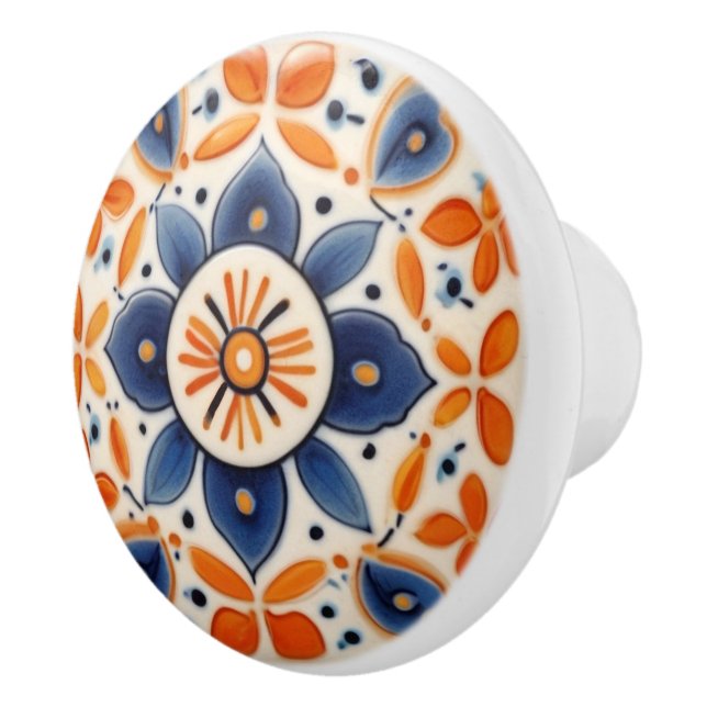 Folk Art Floral Orange & Blue Flower Ceramic Knob (Right)
