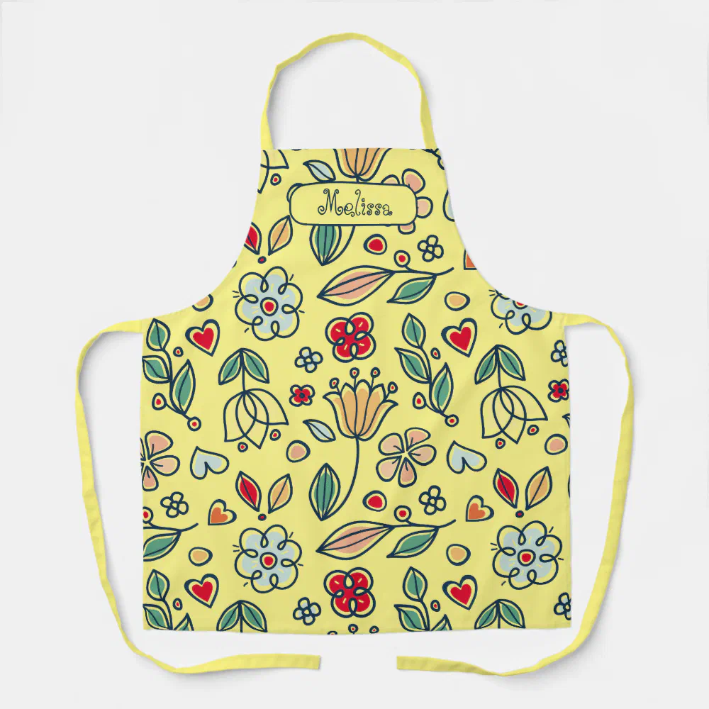 Folk Art Floral Pastels on Bright Yellow Apron