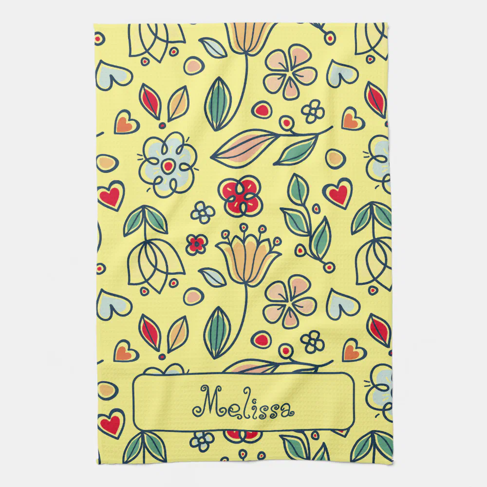 Folk Art Floral Pastels on Bright Yellow Kitchen Towel