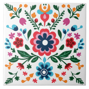 Folk Art Floral Pattern Colorful Flowers Ceramic Tile