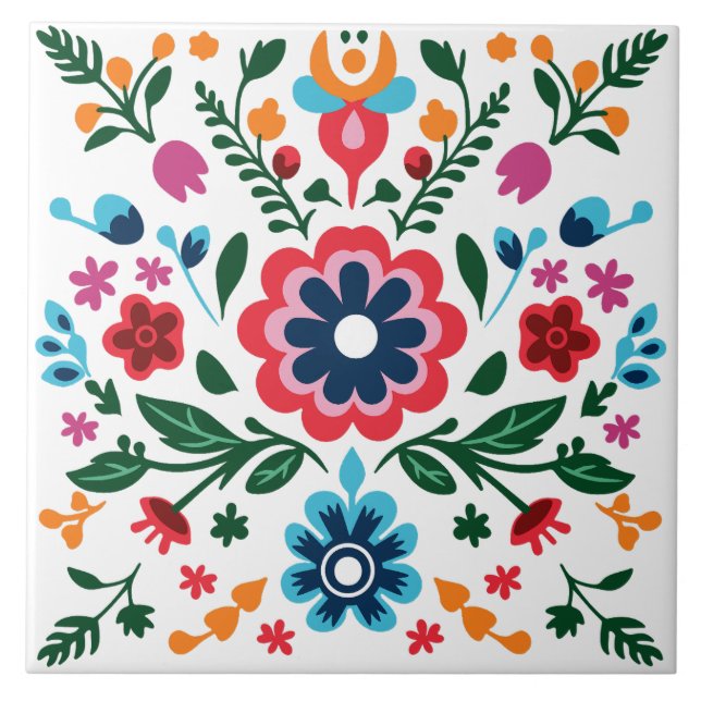 Folk Art Floral Pattern Colorful Flowers Ceramic Tile (Front)