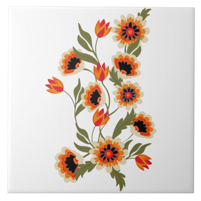 Folk Art Floral Pattern Red Orange Green Botanical Ceramic Tile (Front)