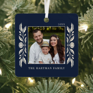 Folk Art Floral Photo Christmas Metal Ornament