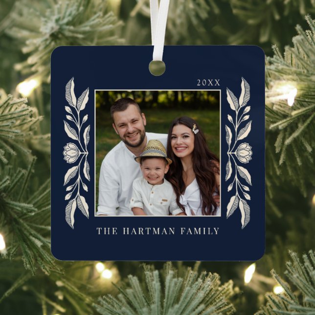 Folk Art Floral Photo Christmas  Metal Ornament (Insitu)