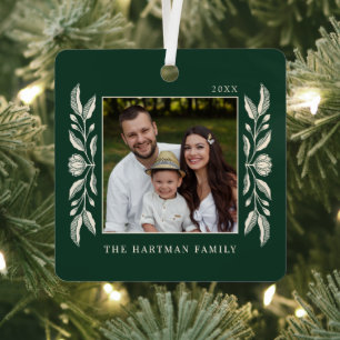 Folk Art Floral Photo Christmas Metal Ornament