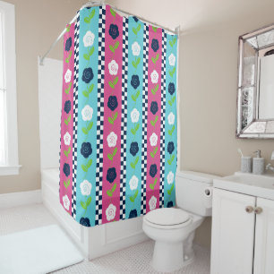 Folk Art Floral Stripe Checkerboard in Pink & Aqua Shower Curtain
