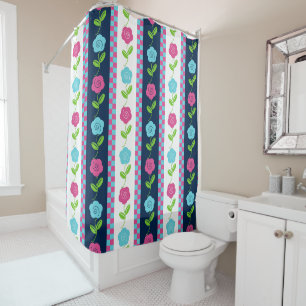 Folk Art Floral Stripe Checkerboard Pink & Navy Shower Curtain
