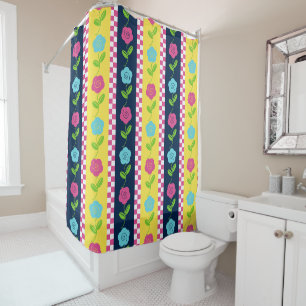 Folk Art Floral Stripe Checkerboard Yellow & Navy Shower Curtain