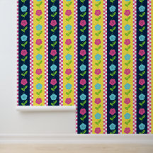 Folk Art Floral Stripe Checkerboard - Yellow Navy