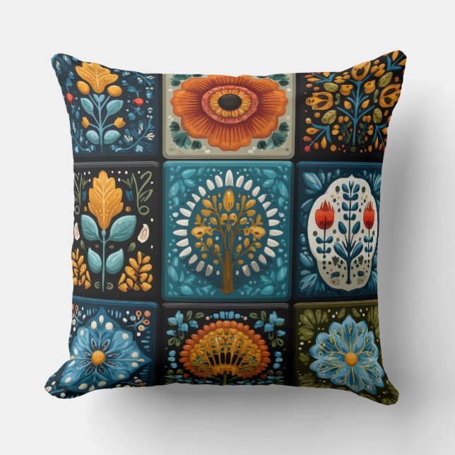 Folk Art Floral Tile Pattern Decorative Throw Pill Pillow (Front)
