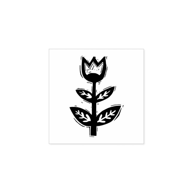 Folk Art Floral Tulip Spring Linocut Style  Rubber Stamp (Imprint)