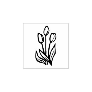 Folk Art Floral Tulips Spring Linocut Style  Rubber Stamp