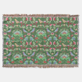 Folk Art Floral With Birds on Green Throw Throw Blanket