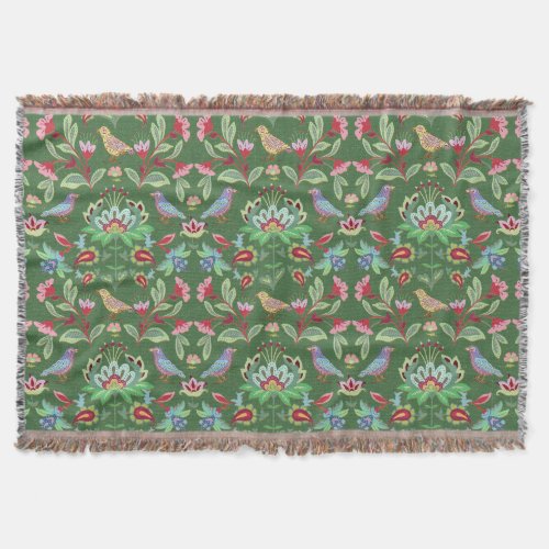 Folk Art Floral With Birds on Green Throw Throw Blanket