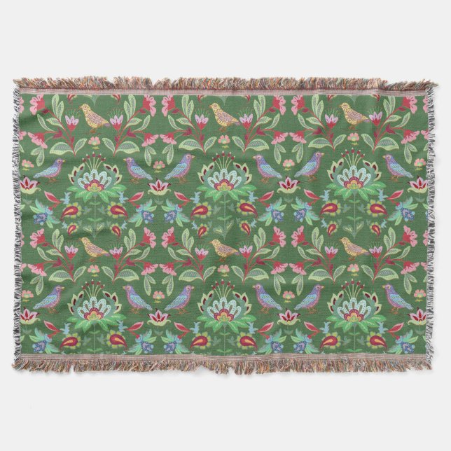 Folk Art Floral With Birds on Green Throw Throw Blanket (Front)
