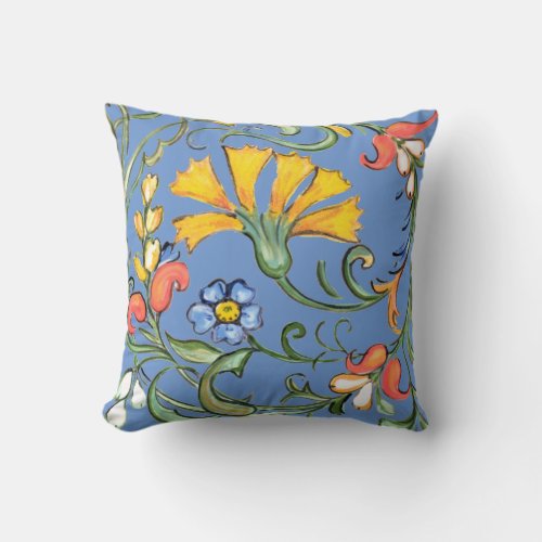 Folk Art Flower Floral Impressionism Blue Summer Throw Pillow
