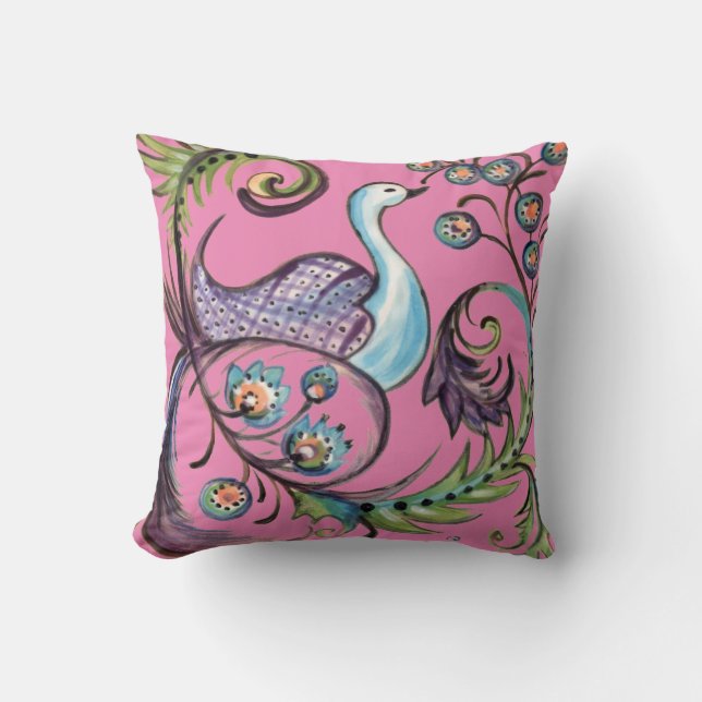 Folk Art Flower Floral Peacock Hot Pink Summer Throw Pillow (Front)