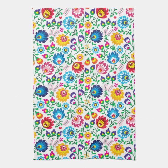 Folk Art Flower Pattern 2 Kitchen Towel (Vertical)