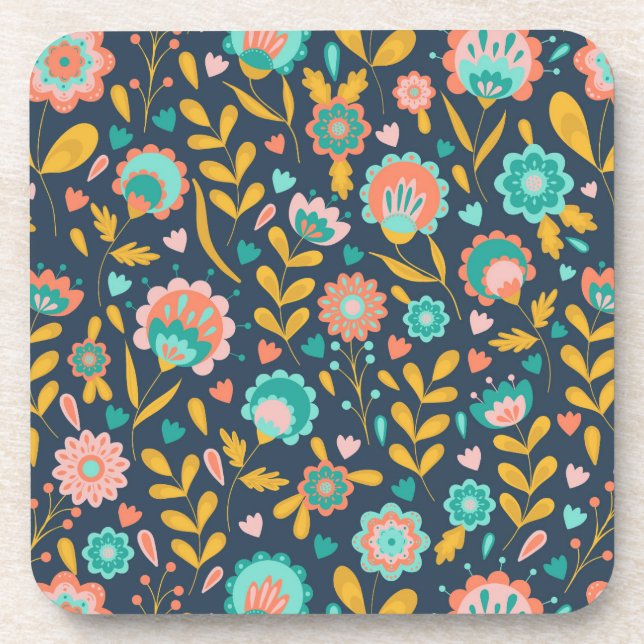 Folk Art Flower Pattern Beverage Coaster (Front)