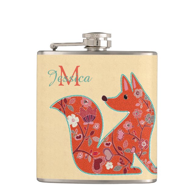 Folk Art Flower Pattern Fox Hip Flask (Front)