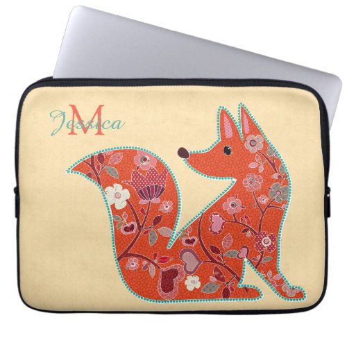 Folk Art Flower Pattern Fox Laptop Sleeve