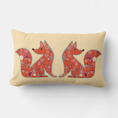 Folk Art Flower Pattern Fox Lumbar Pillow