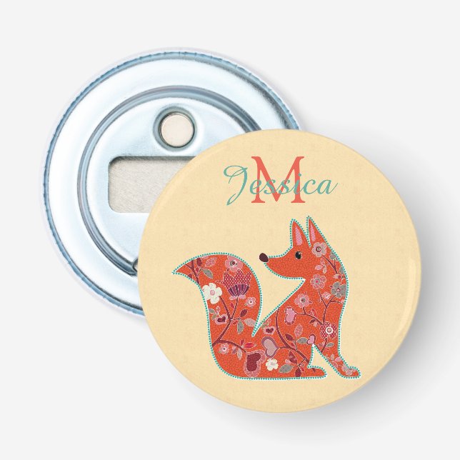 Folk Art Flower Pattern Fox Personalised Bottle Opener (Front)