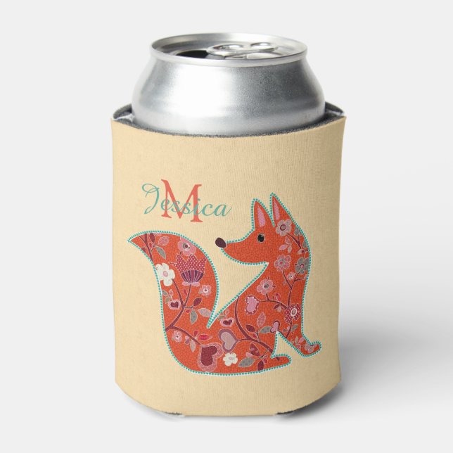 Folk Art Flower Pattern Fox Personalised Can Cooler (Can Front)