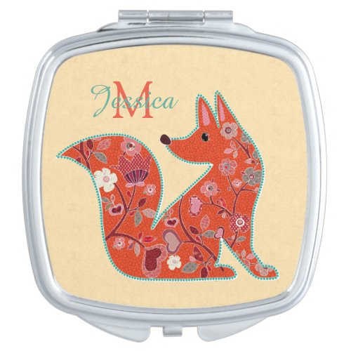 Folk Art Flower Pattern Fox Personalised Compact Mirror