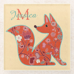 Folk Art Flower Pattern Fox Personalised Glass Coaster