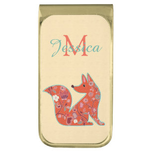 Folk Art Flower Pattern Fox Personalised Gold Finish Money Clip