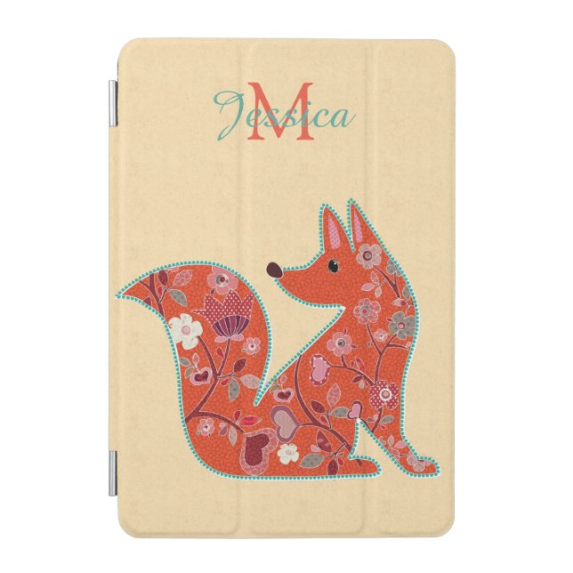 Folk Art Flower Pattern Fox Personalised iPad Mini Cover (Front)