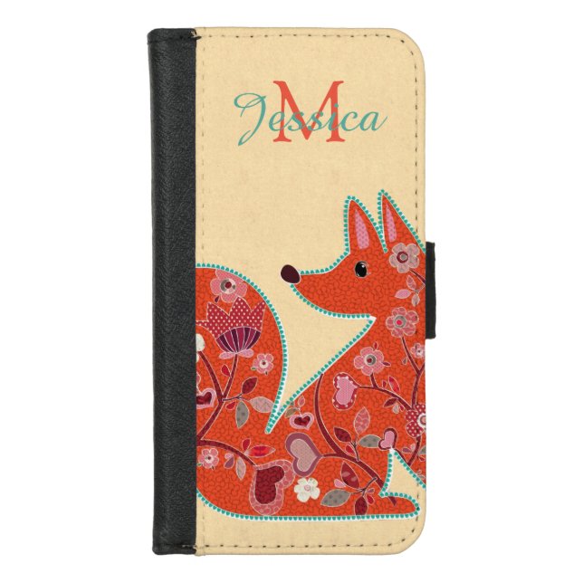 Folk Art Flower Pattern Fox Personalised iPhone Wallet Case (Front)