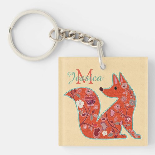 Folk Art Flower Pattern Fox Personalised Keychain