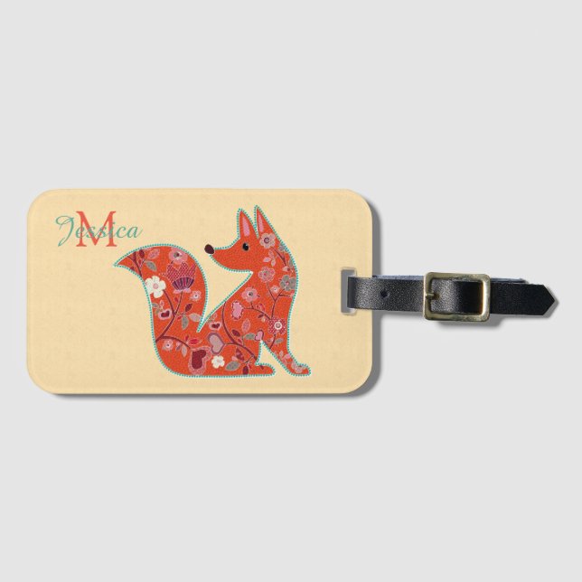 Folk Art Flower Pattern Fox Personalised Luggage Tag (Front Horizontal)