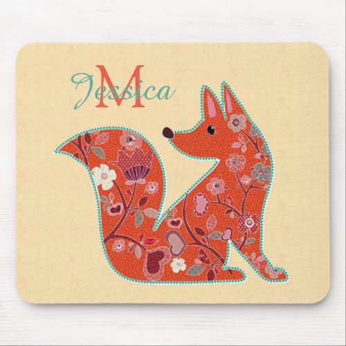 Folk Art Flower Pattern Fox Personalised Mouse Pad