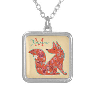 Folk Art Flower Pattern Fox Personalised Silver Plated Necklace
