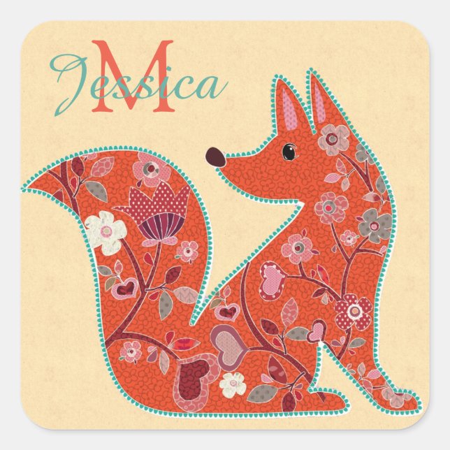 Folk Art Flower Pattern Fox Personalised Square Sticker (Front)