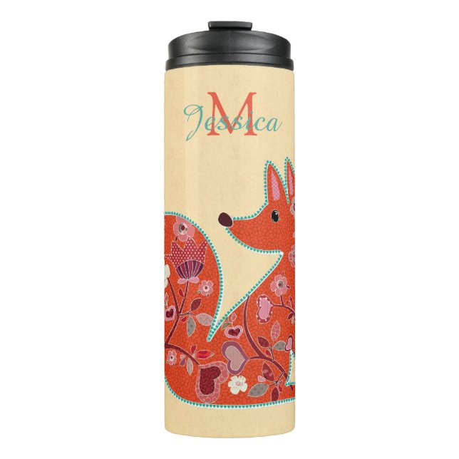 Folk Art Flower Pattern Fox Personalised Thermal Tumbler (Front)