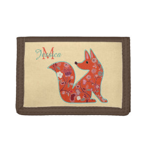 Folk Art Flower Pattern Fox Personalised Tri-fold Wallet