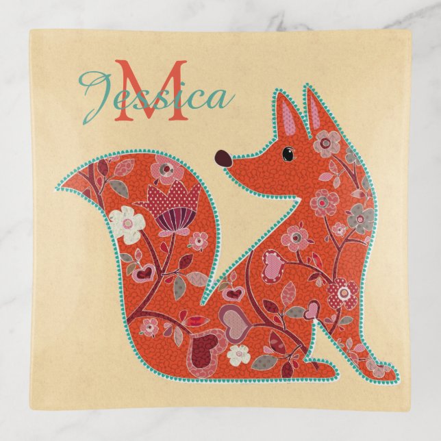Folk Art Flower Pattern Fox Personalised Trinket Tray (Front)