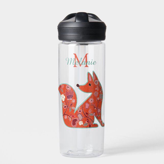 Folk Art Flower Pattern Fox Personalised Water Bottle (Front)